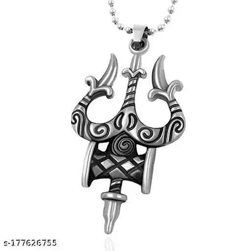 Shiva Trishul Damaru Locket With Chain Sterling Silver Stainless Steel Pendant