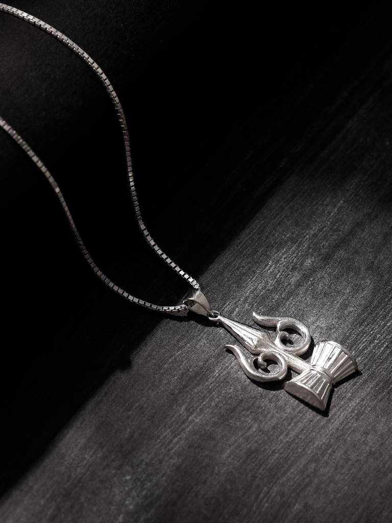 Shiva Trishul Damaru Locket With Chain Sterling Silver Stainless Steel Pendant