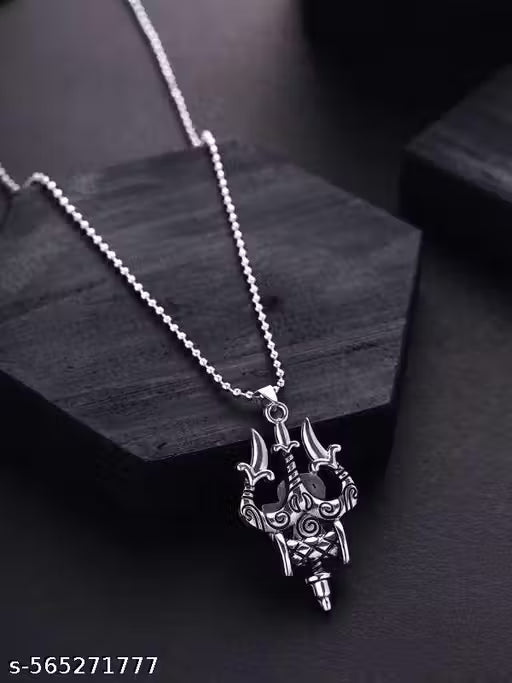 Shiva Trishul Damaru Locket With Chain Sterling Silver Stainless Steel Pendant